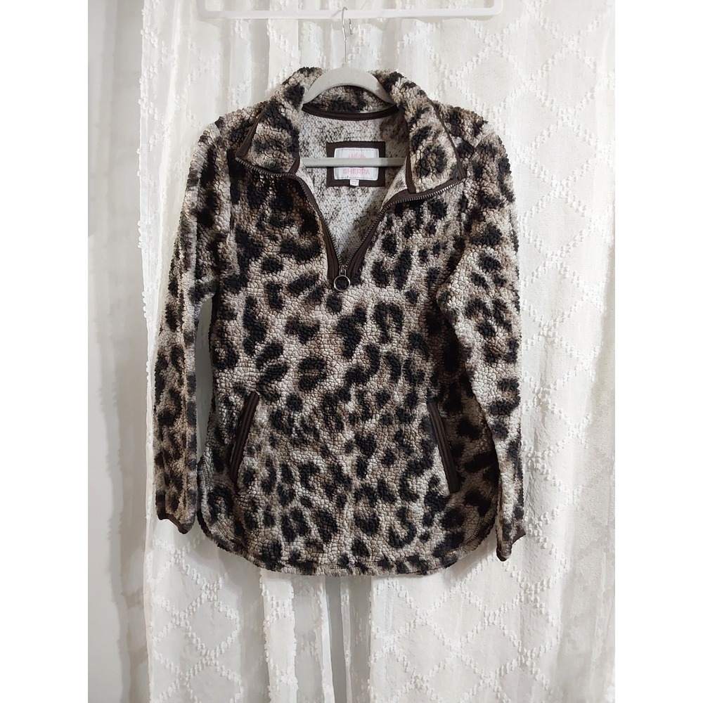 Sherpa Women Brown Leopard Print Quarter Zip Fleece Pullover Jacket Medium